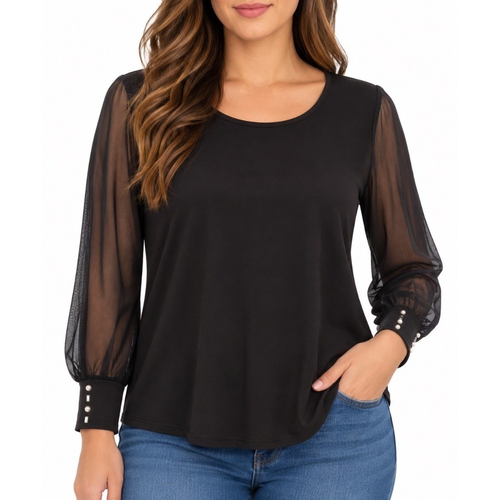 Love Scarlett Womens Black Mesh Sleeve Blouse Top Pearl Stud Cuff NWT Size M